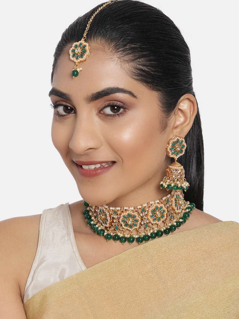 Buy Zaveri Pearls Green Gold Plated Wedding Collection Necklace Earring Maangtikka Set Jewellery Set for Women 13630836 Myntra