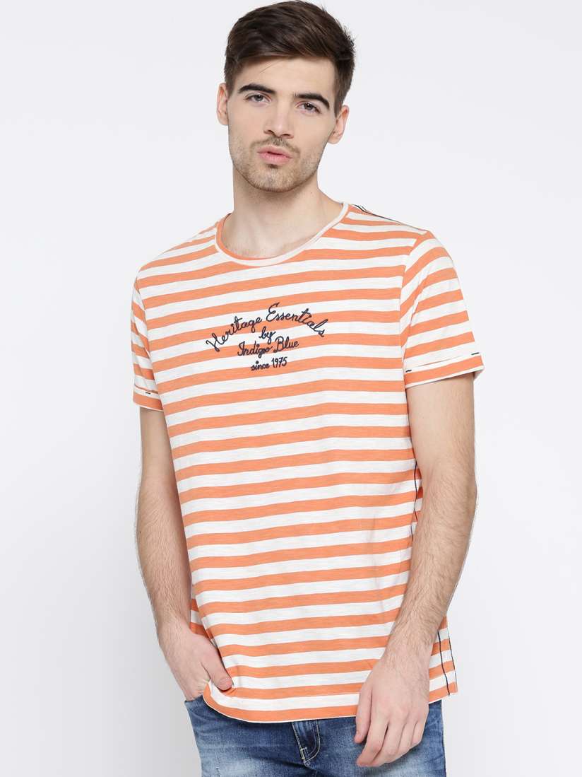Buy Jack Jones Orange White Striped Pure Cotton T shirt Tshirts for Men 1363402 Myntra