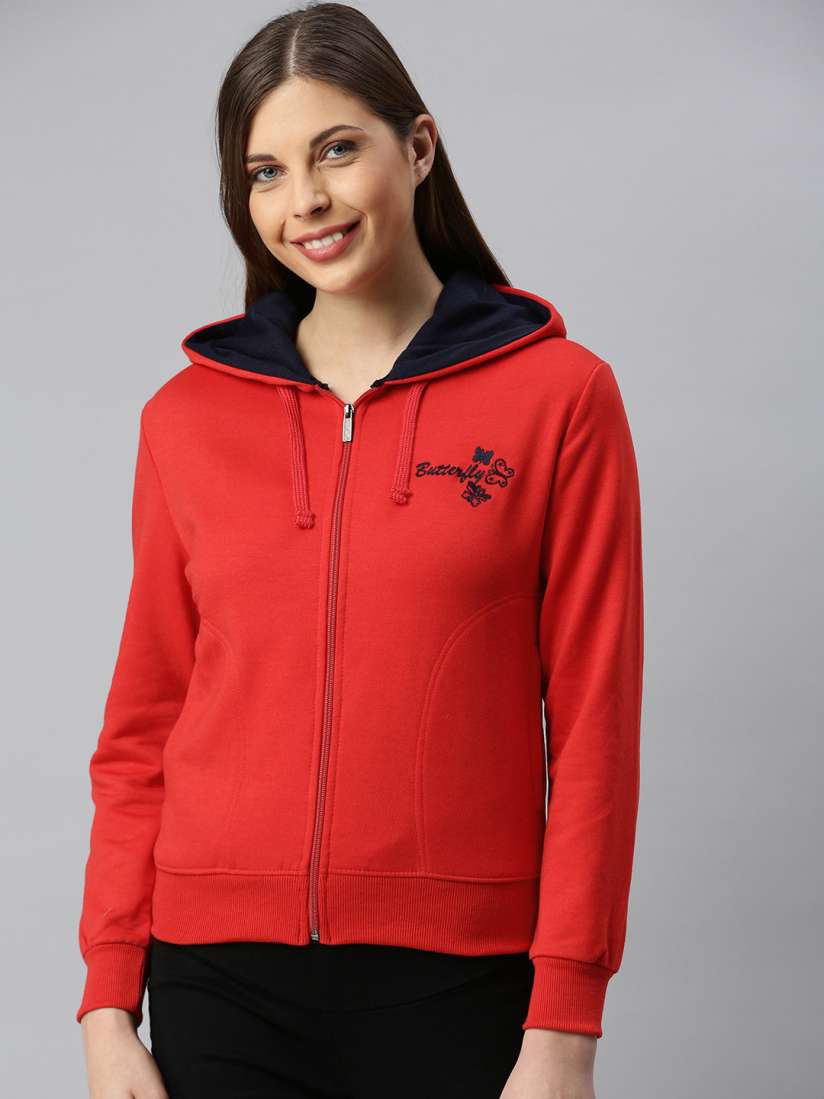 Ladies red hooded sweatshirt top