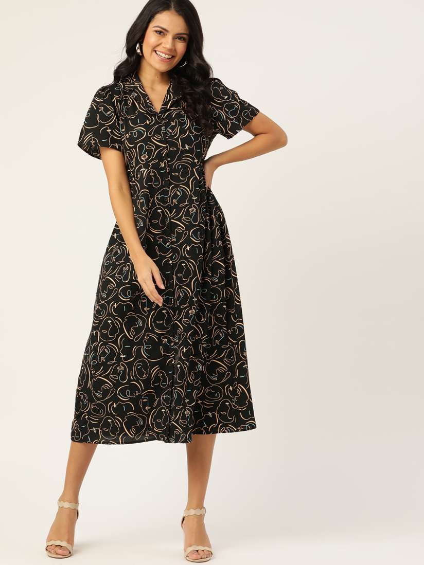 Buy DressBerry Women Black Beige Printed Midi Shirt Dress Dresses for Women 13645294 Myntra