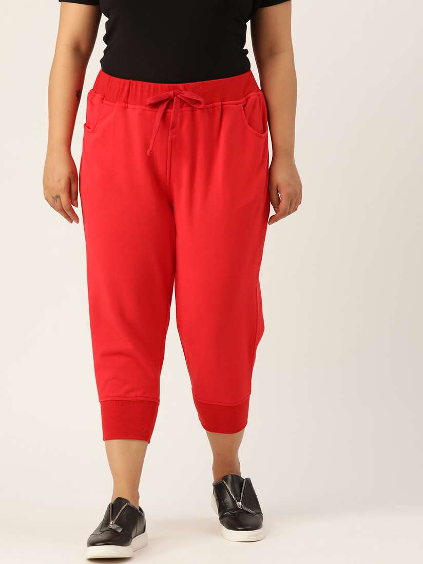Buy Rute Women Plus Size Red Solid Knitted Cropped Joggers Track