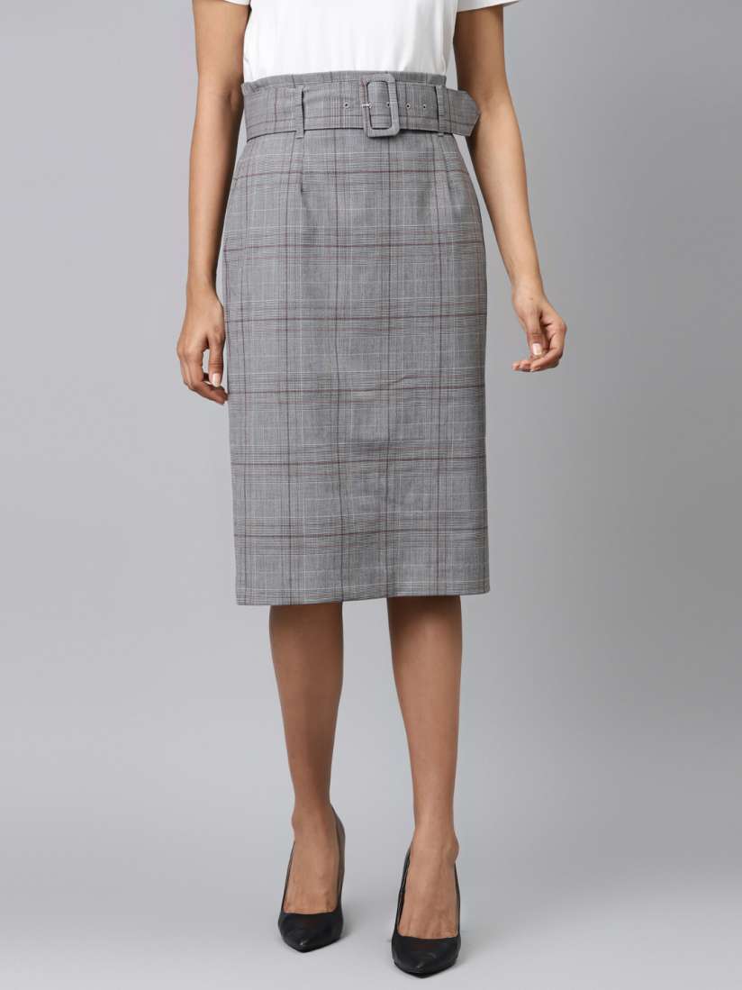 Buy Marks Spencer Women Grey Maroon Checked Sustainable Formal Straight Skirt with Belt Skirts for Women 13668934 Myntra
