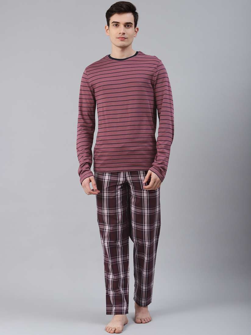 Buy Marks Spencer Men Mauve Navy Blue Striped Night suit Night suits for Men 13669026 Myntra
