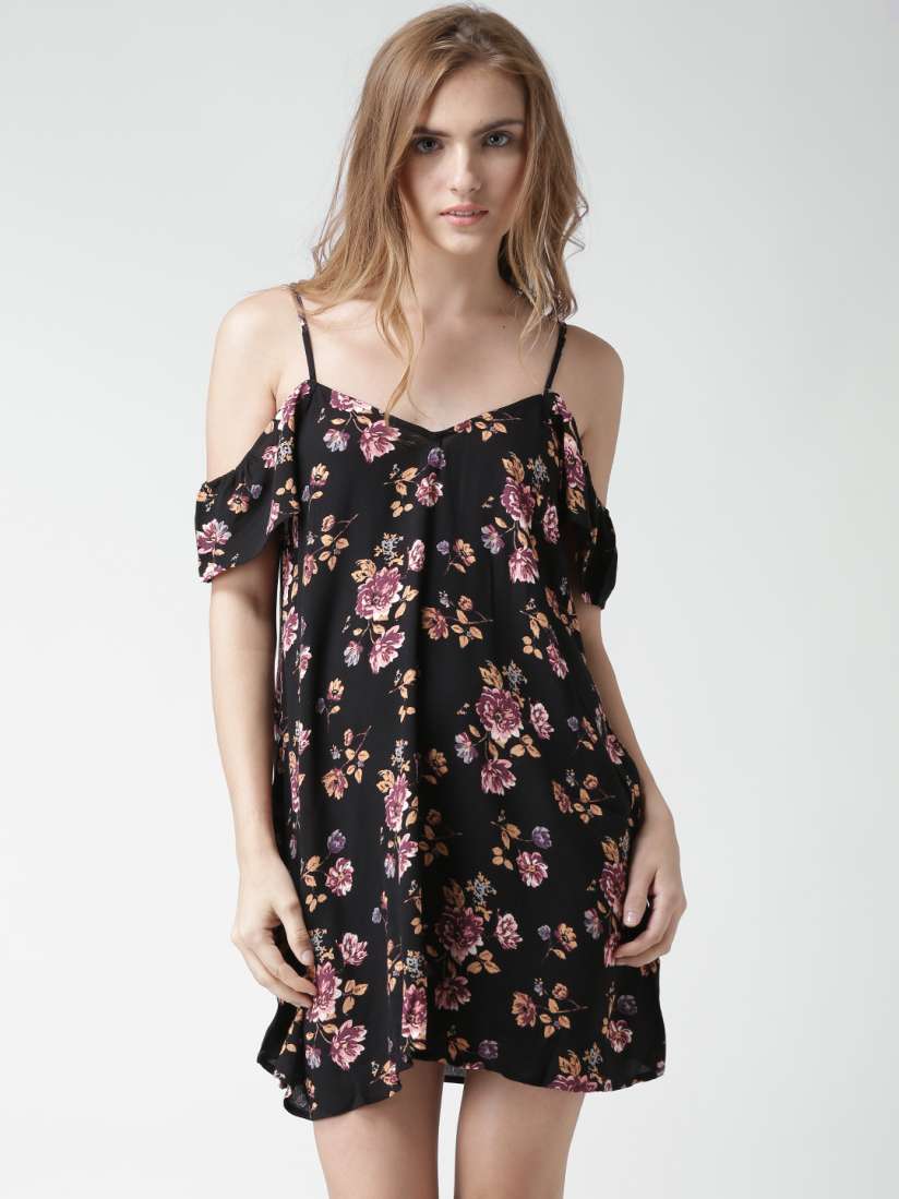 Buy FOREVER 21 Black Floral Print Cold Shoulder A Line Dress Dresses for Women 1368128 Myntra