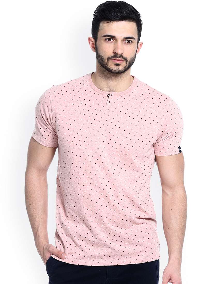 Basics Pink Muscle Fit Printed Henley T-shirt