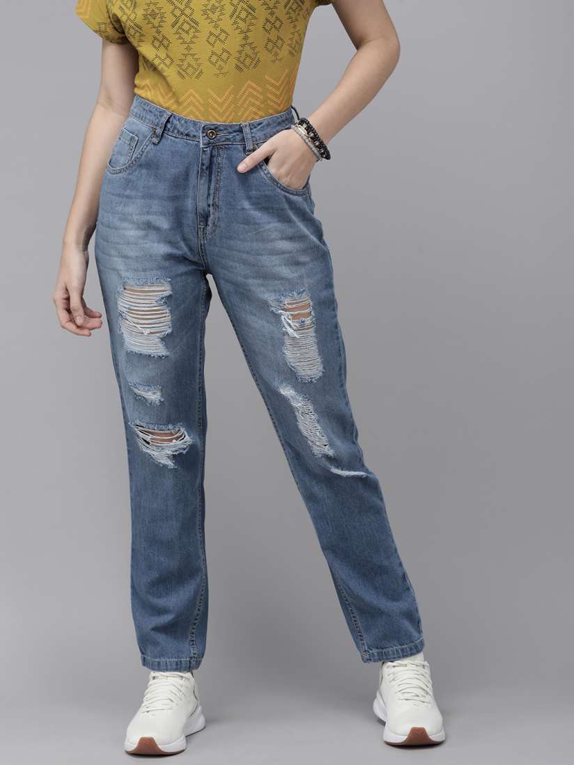 Buy Roadster Women Blue Boyfriend Fit Mid Rise Highly Distressed Light Fade Jeans Jeans for Women 13710282 Myntra