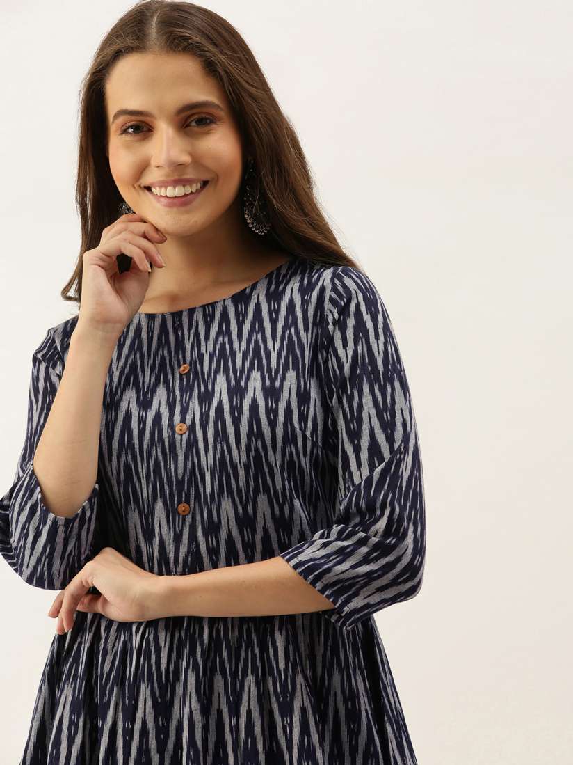 Buy Taavi Women Navy Blue Grey Ikat Woven Design A Line Kurti with Button Detailing Kurtis for Women 13719410 Myntra