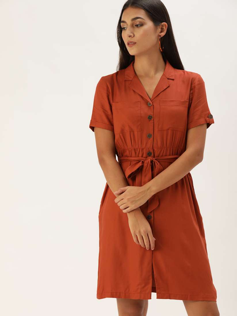 Buy Chemistry Rust Brown Solid Shirt Dress with Belt Dresses for Women 13724800 Myntra