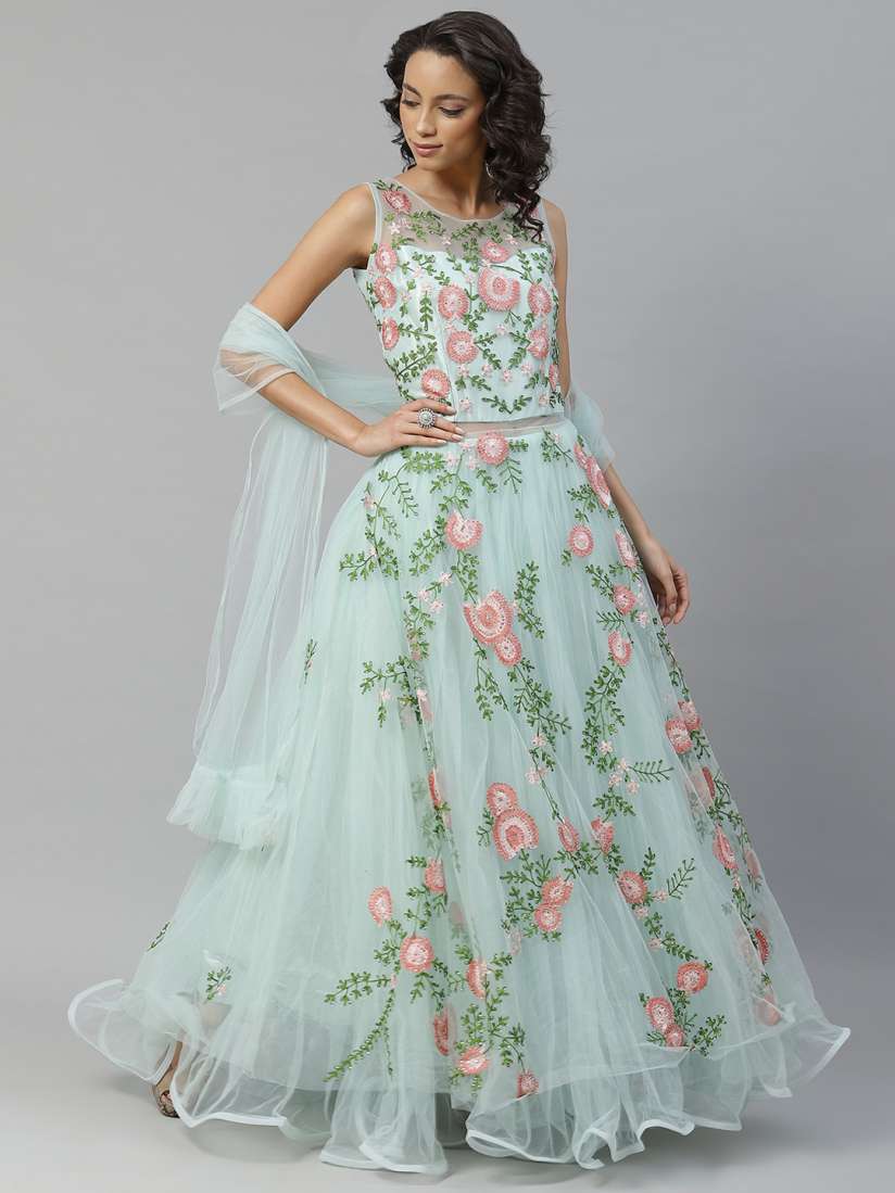 Buy Chhabra 555 Women Blue Made to Measure Resham Embroidered Net Cocktail Gown Dupatta Dresses for Women 13728530 Myntra