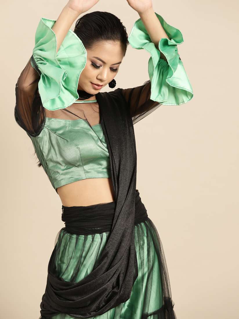 Buy Tikhi Imli Green Black Solid Net One Minute Ready to Wear Saree Sarees for Women 13737674 Myntra