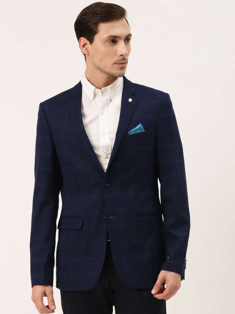 Buy Manyavar Men Navy Blue Checked Single Breasted Partywear Blazer with Pocket Square Blazers for Men 13760290 Myntra