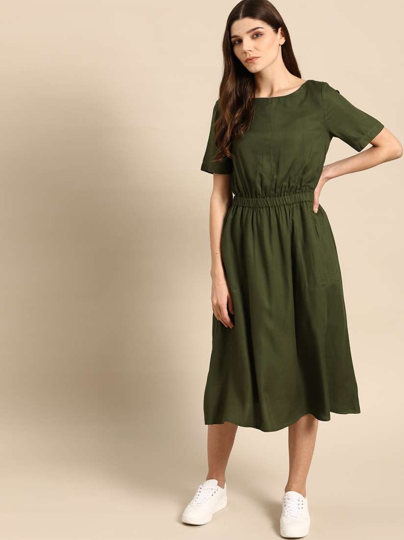 Buy ether Women Olive Green Solid A Line Dress Dresses for Women 13760650 Myntra