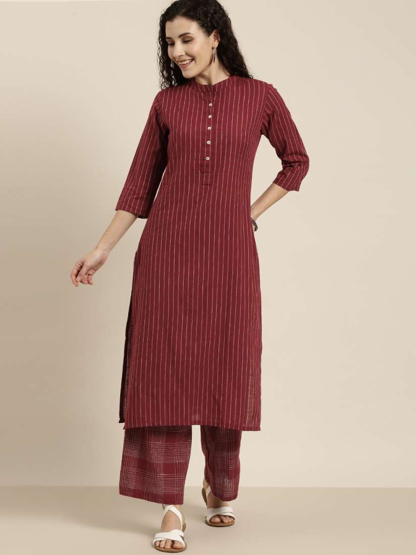 Buy Vishudh Women Maroon White Stiped Kurta With Palazzo Kurta Sets for Women 13775196 Myntra