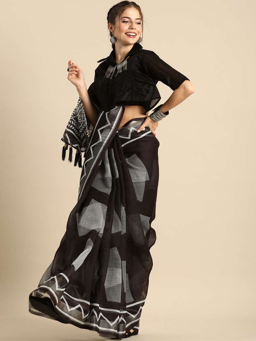 Buy Sangria Black Printed Pure Linen Saree Sarees for Women 13833230 Myntra
