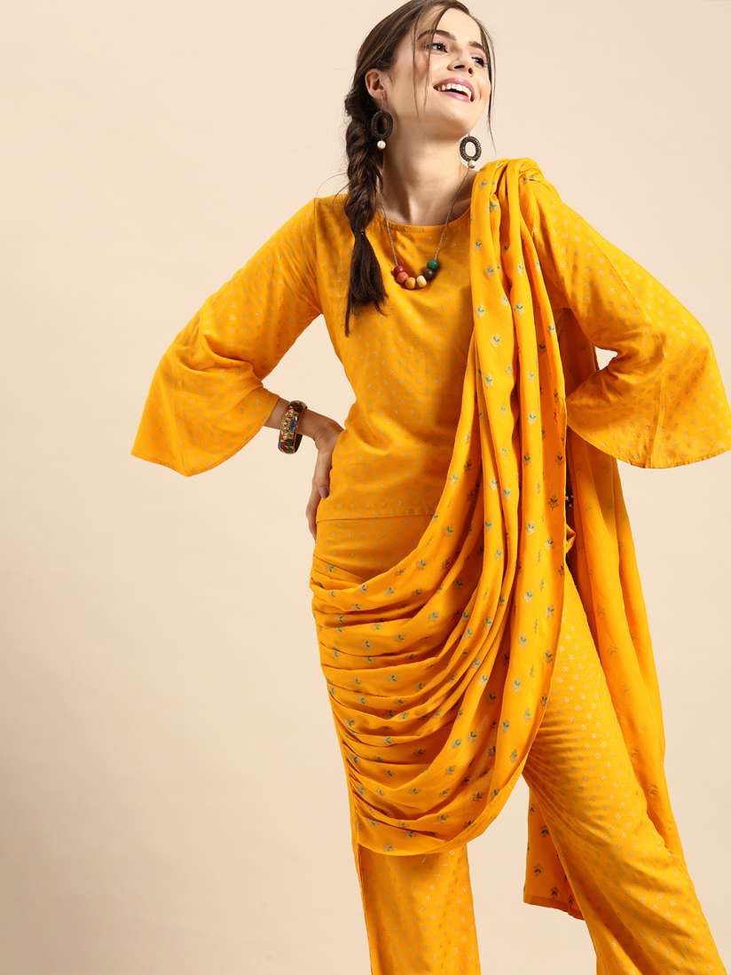Buy Sangria Mustard Yellow Gold Toned Viscose Rayon Printed Pant Saree Sarees for Women 13833368 Myntra