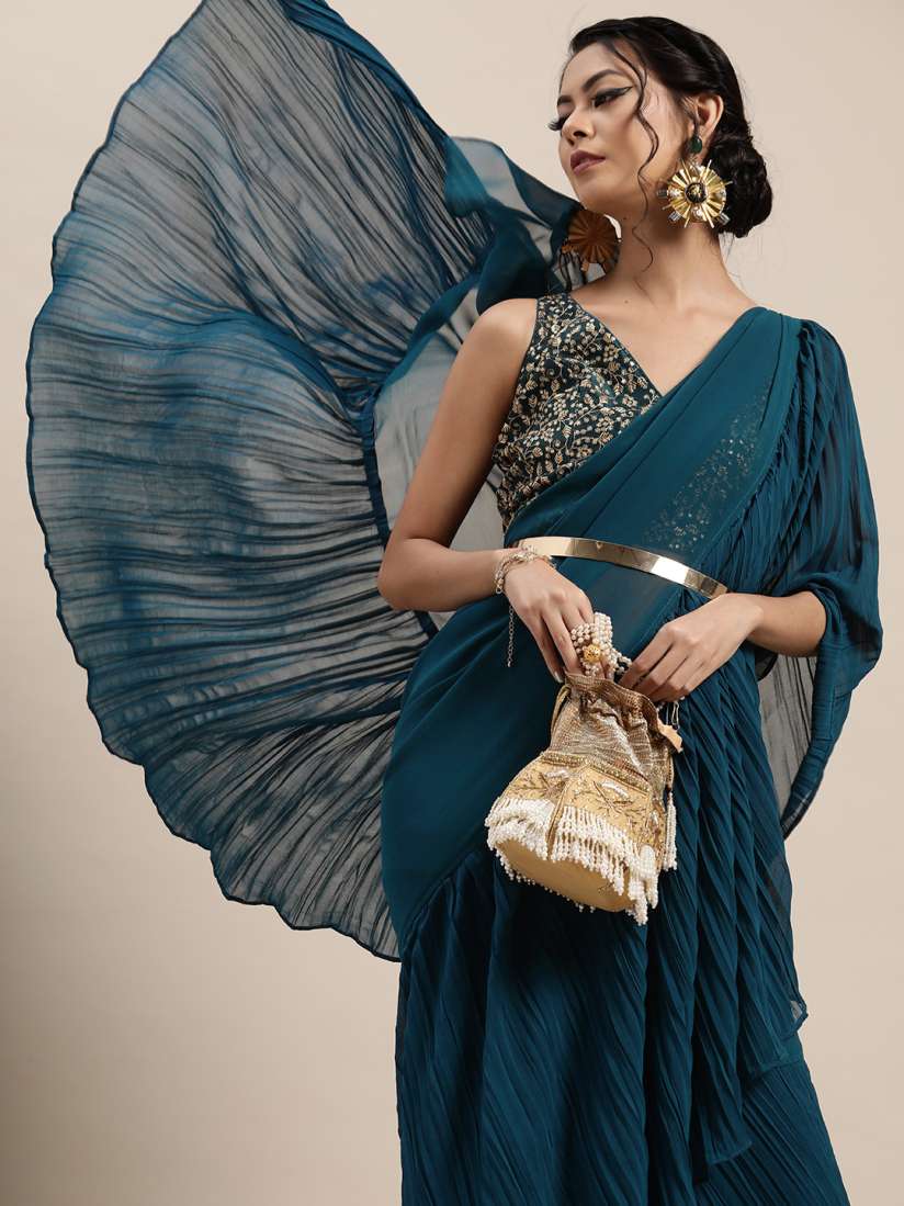 Buy Inddus Teal Blue Solid Accordian Pleat Ruffles Saree with Embroidered Blouse Sarees for Women 13843398 Myntra