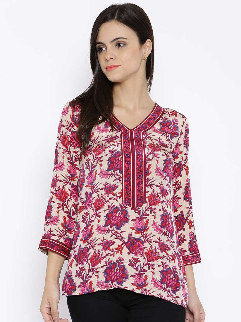 Buy BIBA Cream Coloured Pink Crepe Floral Print Kurti Kurtis for Women 1384628 Myntra