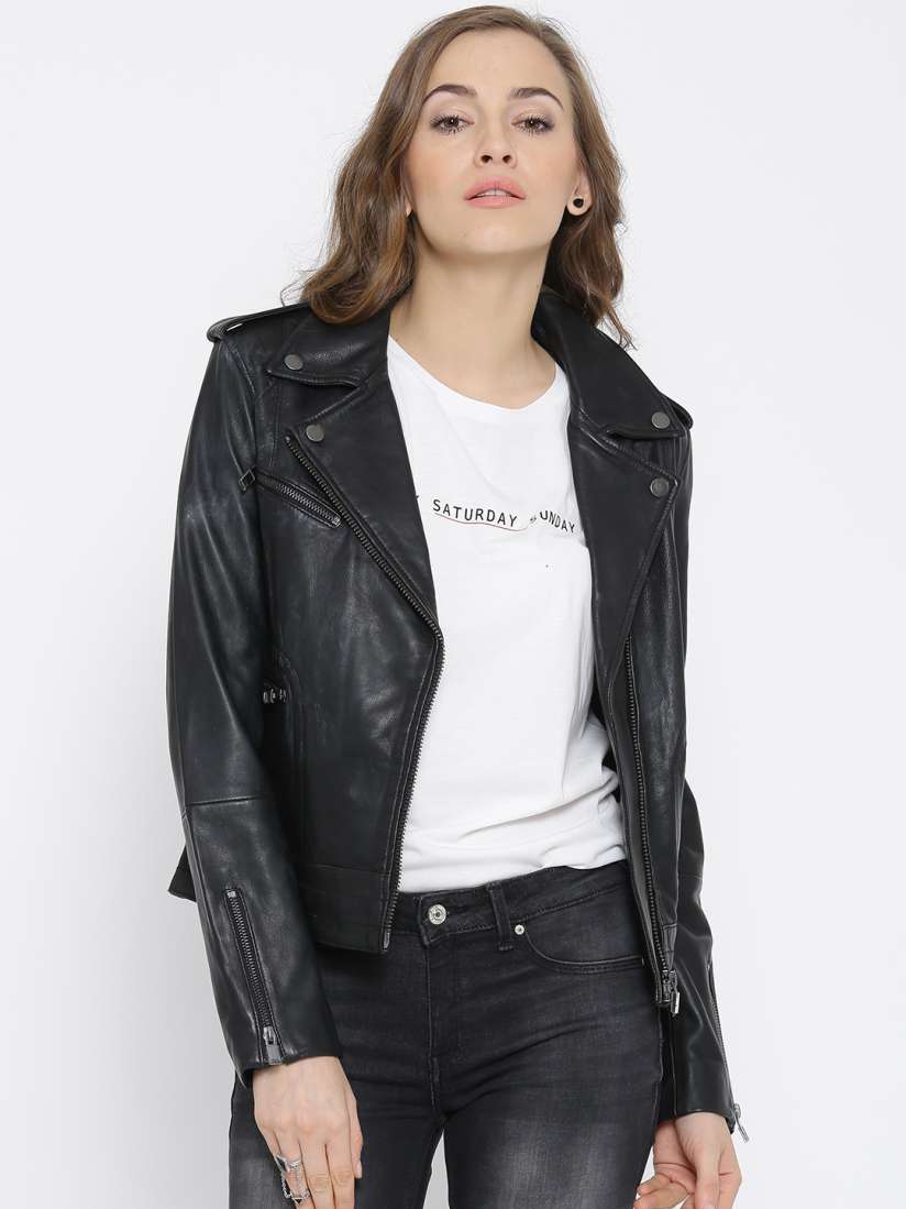 Buy MANGO Black Leather Biker Jacket Jackets for Women 1385740 Myntra