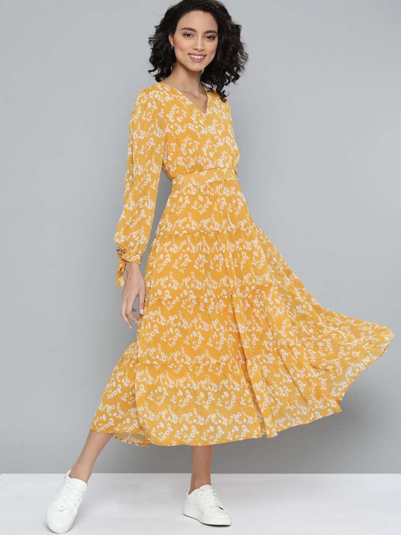 Buy Mast Harbour Women Mustard Yellow White Printed A Line Tiered Midi Dress Dresses for Women 13879538 Myntra