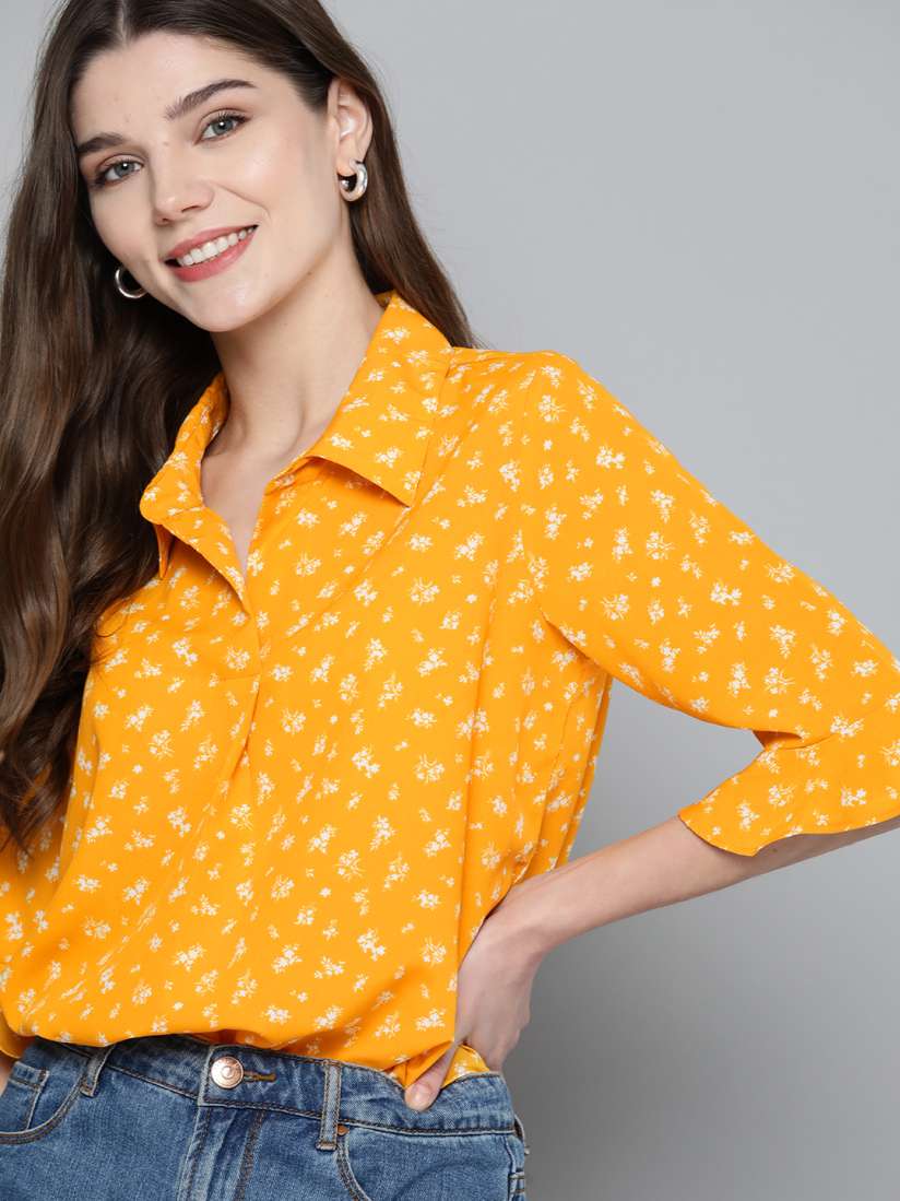Buy Mast Harbour Mustard Yellow White Floral Printed Bell Sleeves Top Tops for Women 13879912 Myntra