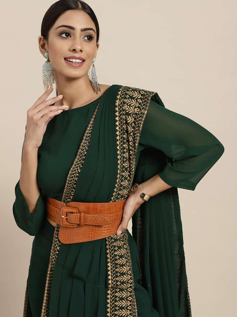 Buy Sangria Green Golden Printed Ready To Wear Pant Saree Sarees for Women 13882312 Myntra