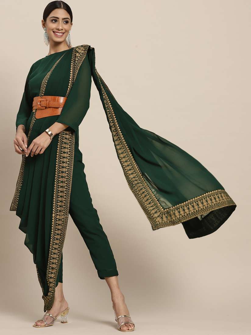 Buy Sangria Green Golden Printed Ready To Wear Pant Saree Sarees for Women 13882312 Myntra