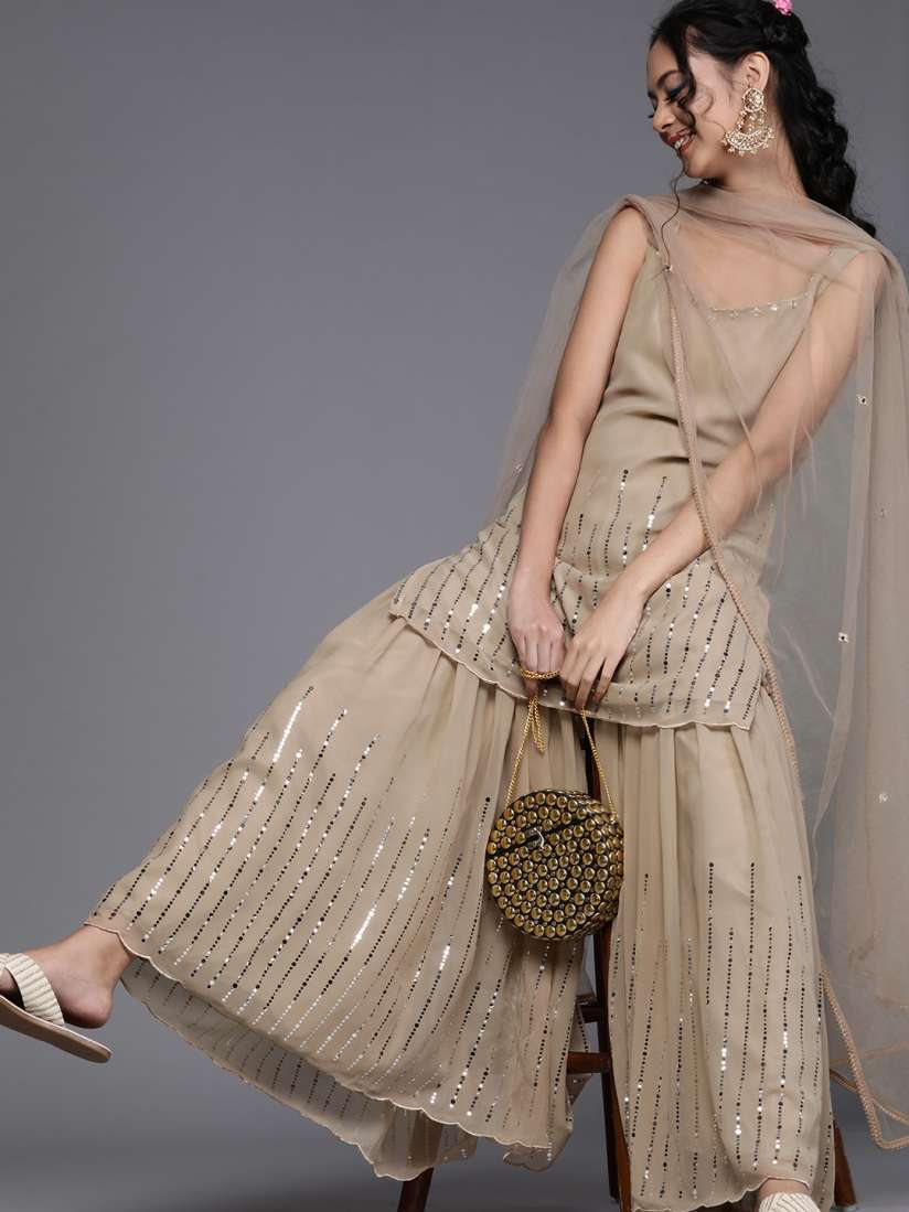 Buy Women Beige Mirror Work Kurti with Sharara Dupatta Kurta Sets for Women 13895566 Myntra