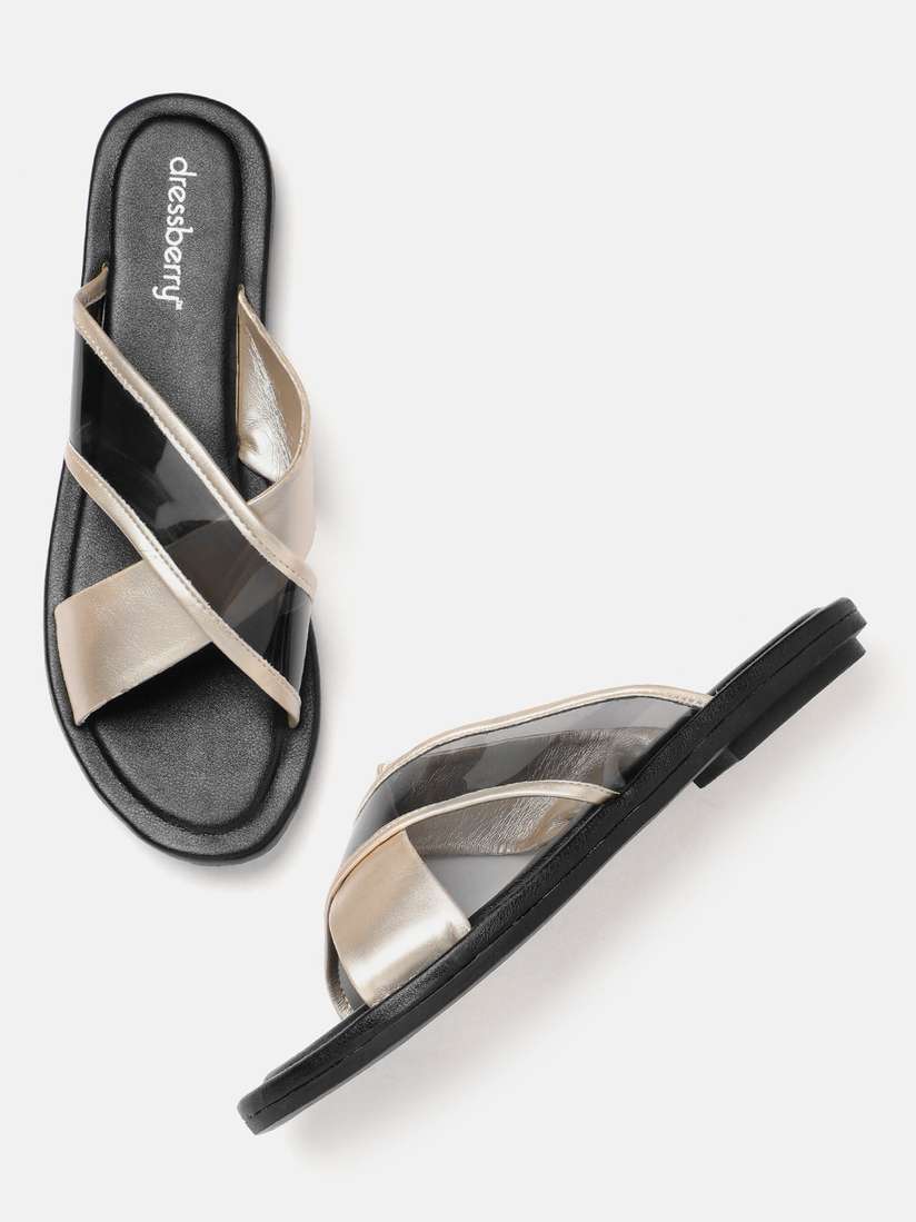 Buy DressBerry Women Black Gold-Toned Colourblocked Open Toe