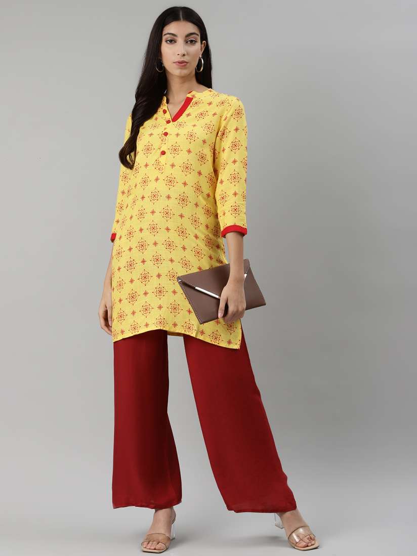 Buy aayusika Women Yellow Red Ethnic Printed Slub Effect Straight Kurti Kurtis for Women 13932680 Myntra