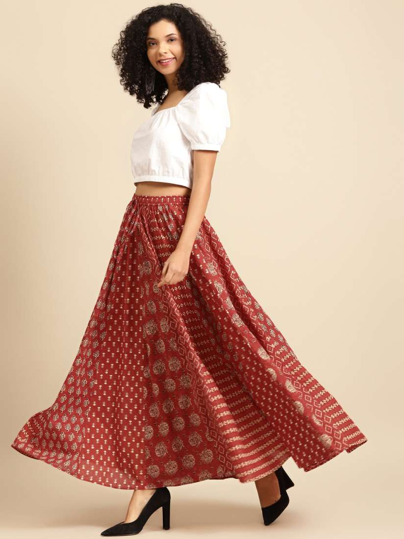 Buy anayna Maroon Beige Printed Pure Cotton Maxi Flared Skirt Skirts for Women 13932846 Myntra