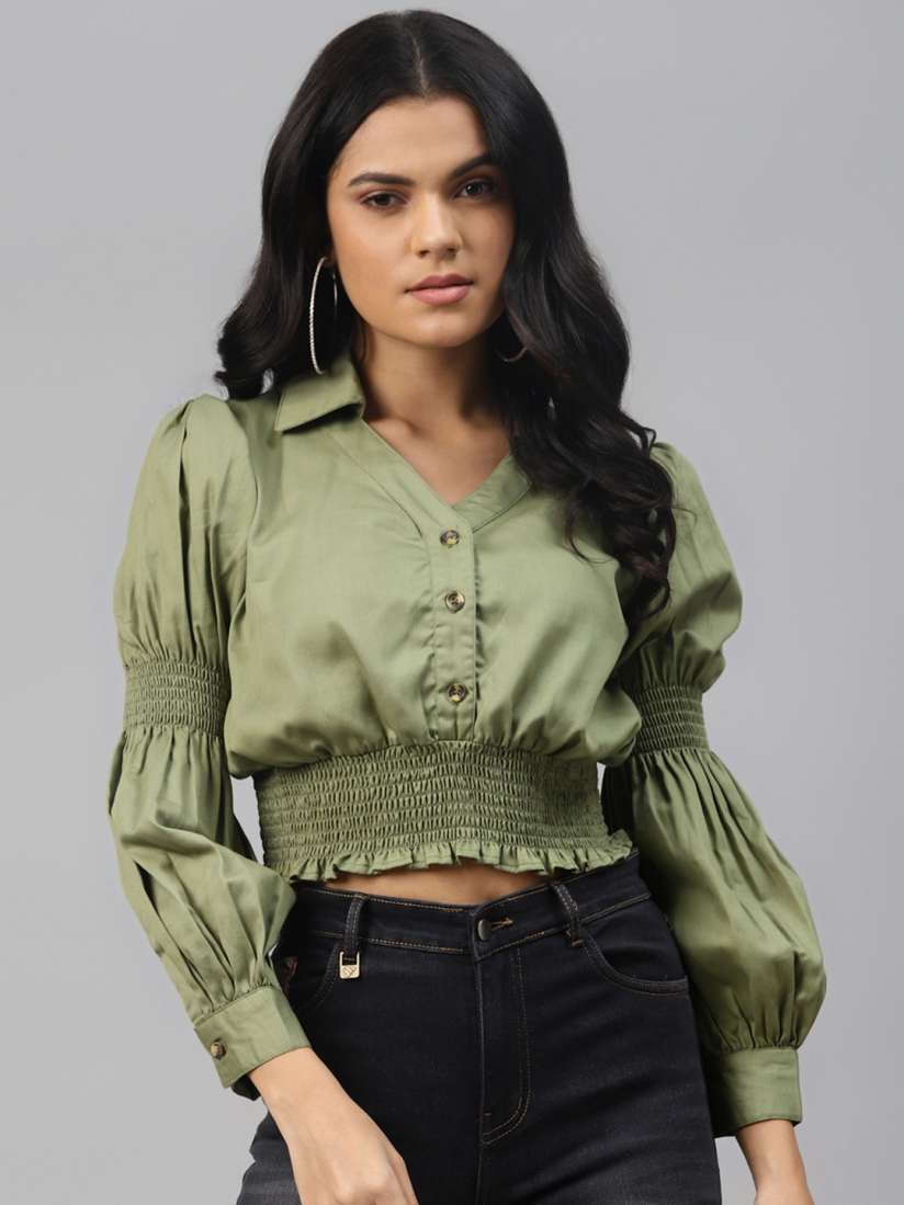 Buy plusS Splendid Olive Solid Smocked Crop Top Tops for Women 13935480 Myntra