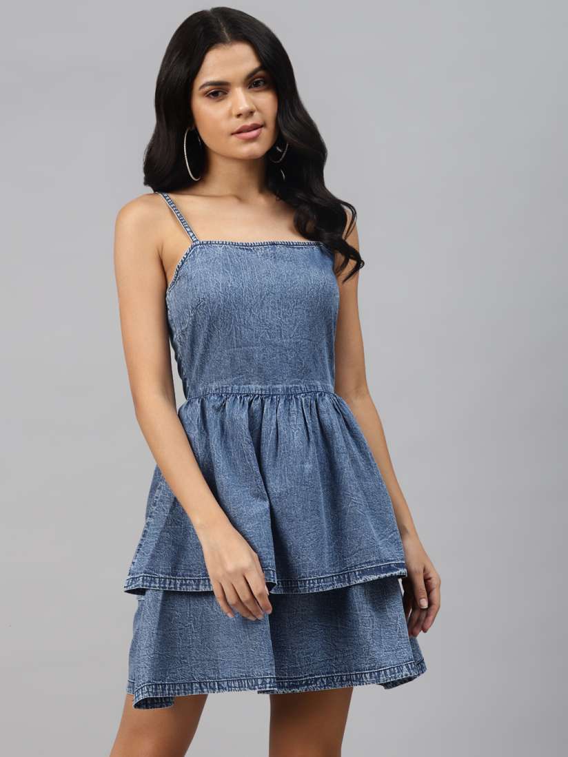 Buy plusS Calm Blue Solid Retro Denim Dress Dresses for Women 13935486 Myntra