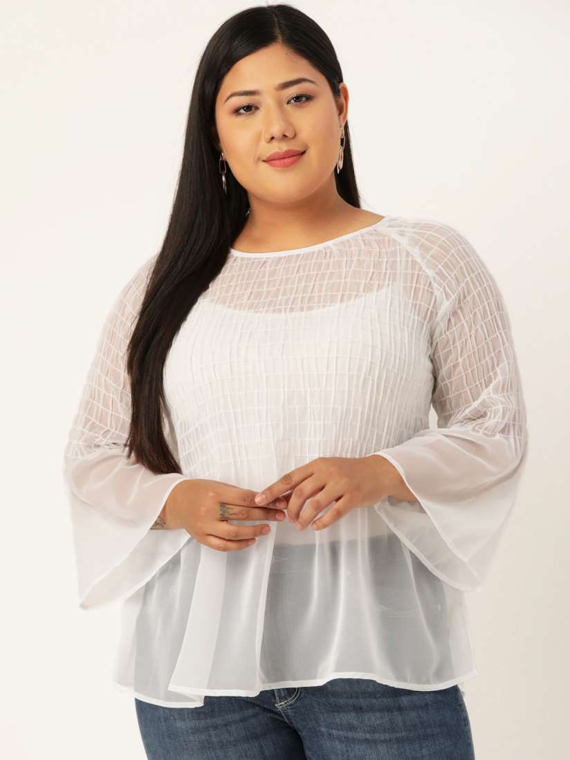 White sheer blouse plus size cheap