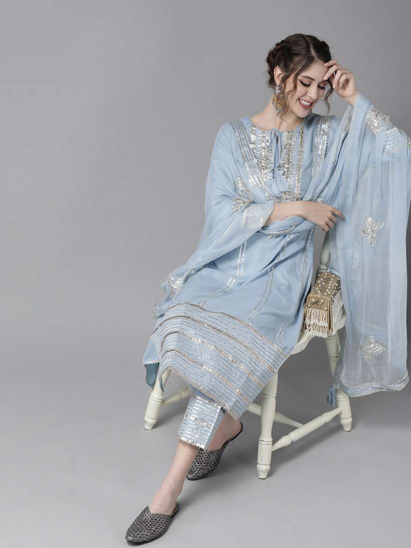Buy Ishin Women Blue Silver Striped Kurta Set with Gotta Patti Detail Kurta Sets for Women 13936564 Myntra