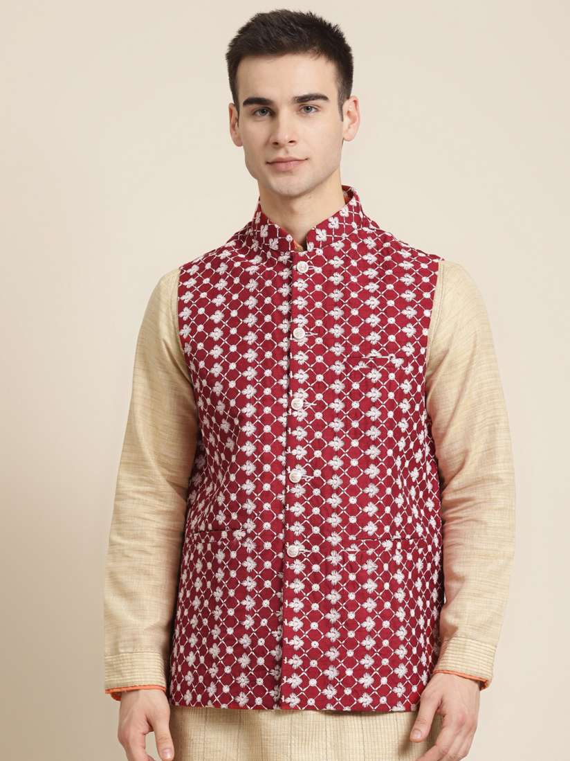 Buy Sojanya Men Maroon White Embroidered Nehru Jacket Nehru Jackets for Men 13937232 Myntra
