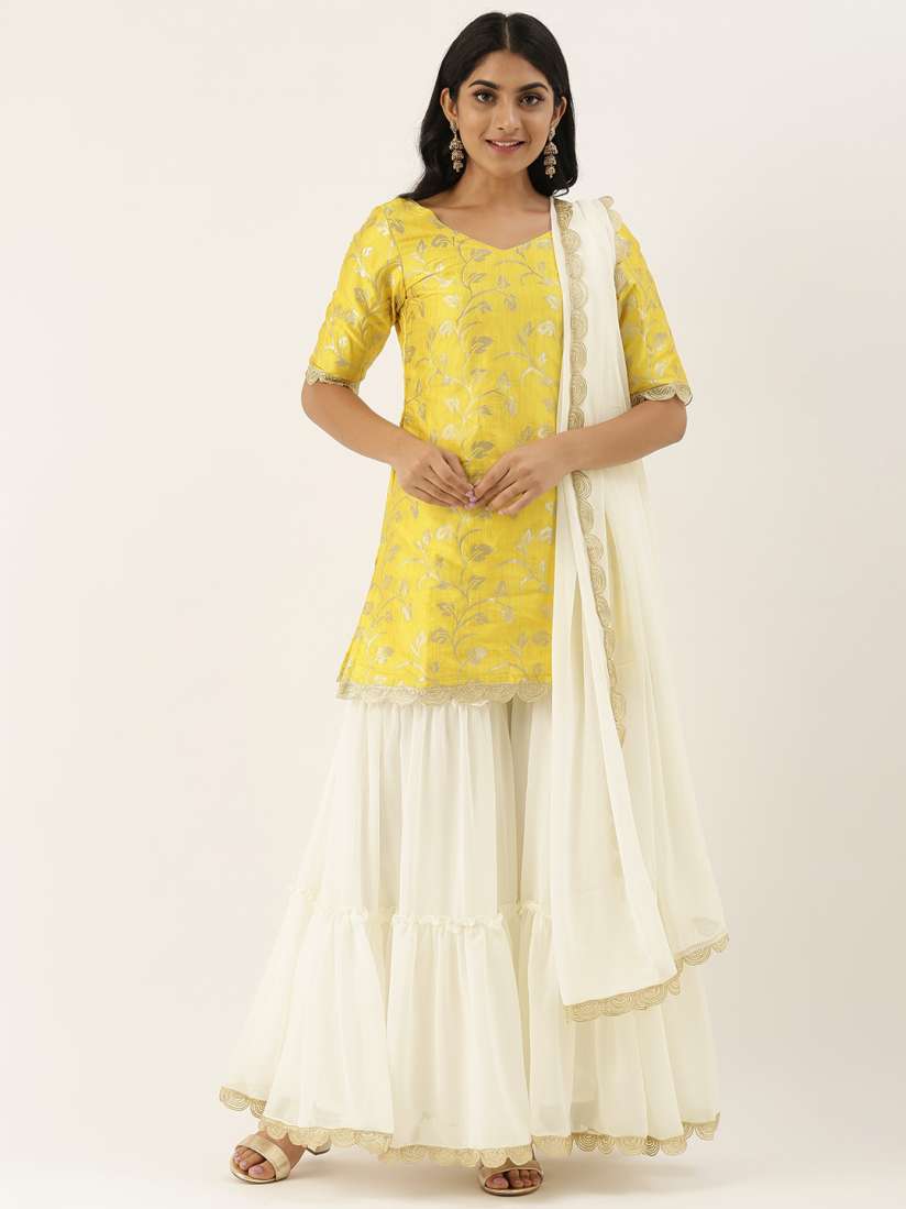 Buy Ethnovog Women Yellow White Embroidered Kurti with Sharara Dupatta Kurta Sets for Women 13947194 Myntra
