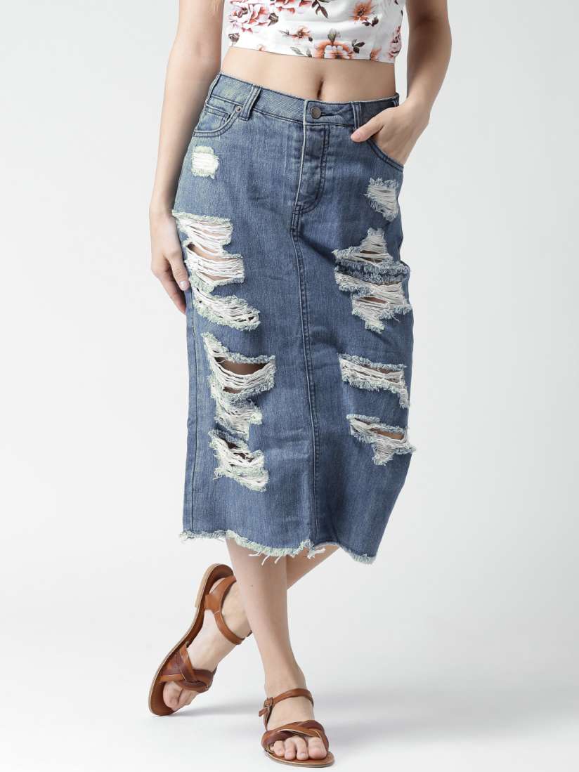 Buy FOREVER 21 Blue Distressed Denim Midi Skirt Skirts for Women 1395638 Myntra