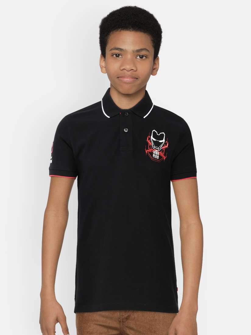 Buy Indian Terrain Boys Black Iron Man Printed Pure Cotton Polo Collar Pure Cotton T shirt Tshirts for Boys 13967076 Myntra