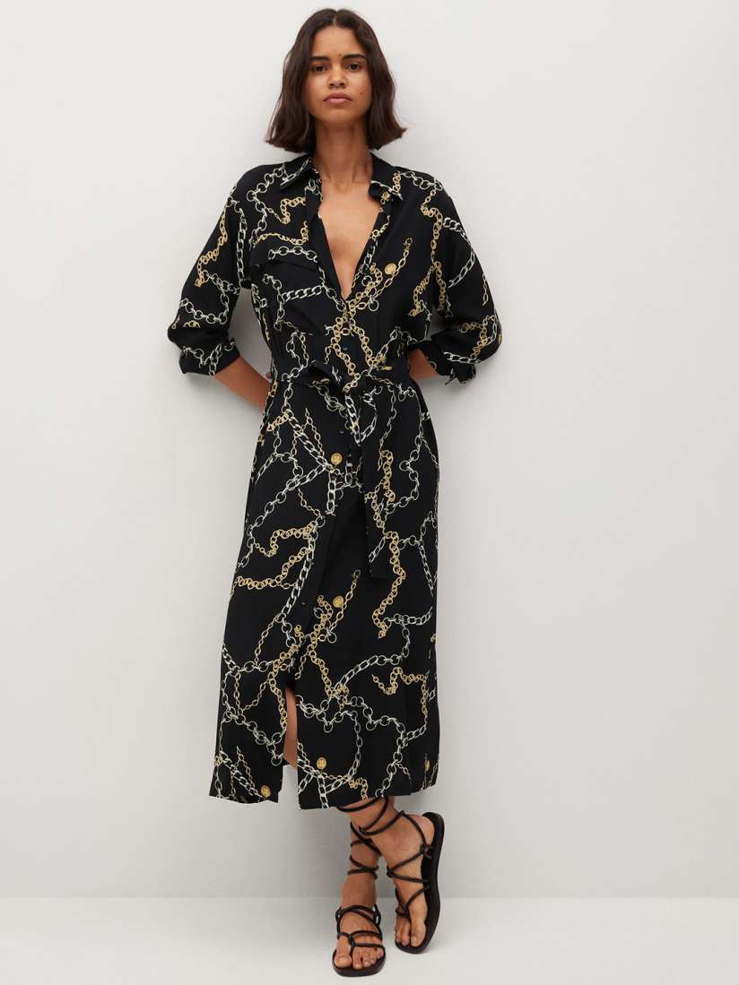 Buy MANGO Black Golden Scarf Printed Shirt Midi Sustainable Dress Dresses for Women 14010320 Myntra