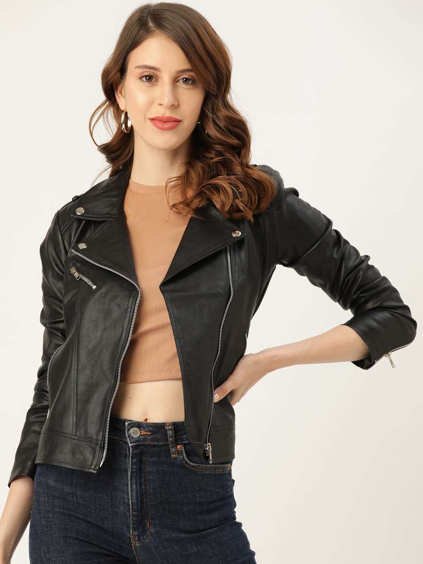 Buy Leather Retail Women Black Solid Asymmetric Closure Leather Biker Jacket Jackets for Women 14017336 Myntra