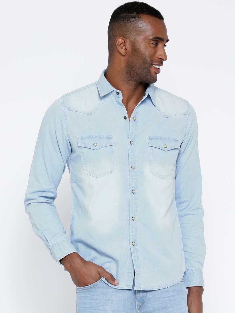 Buy Pepe Jeans Men Blue Faded Chambray Shirt Shirts for Men 1404779 Myntra