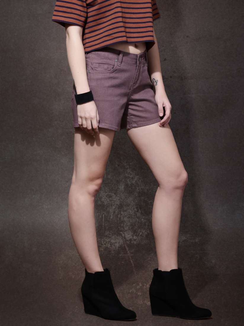 Buy Roadster Women Burgundy Solid Denim Shorts Shorts for Women 1405226 Myntra