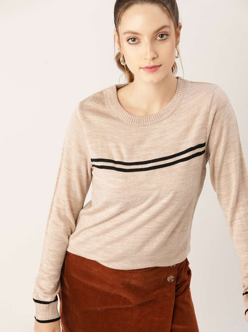 DressBerry Women Beige Black Striped Pullover