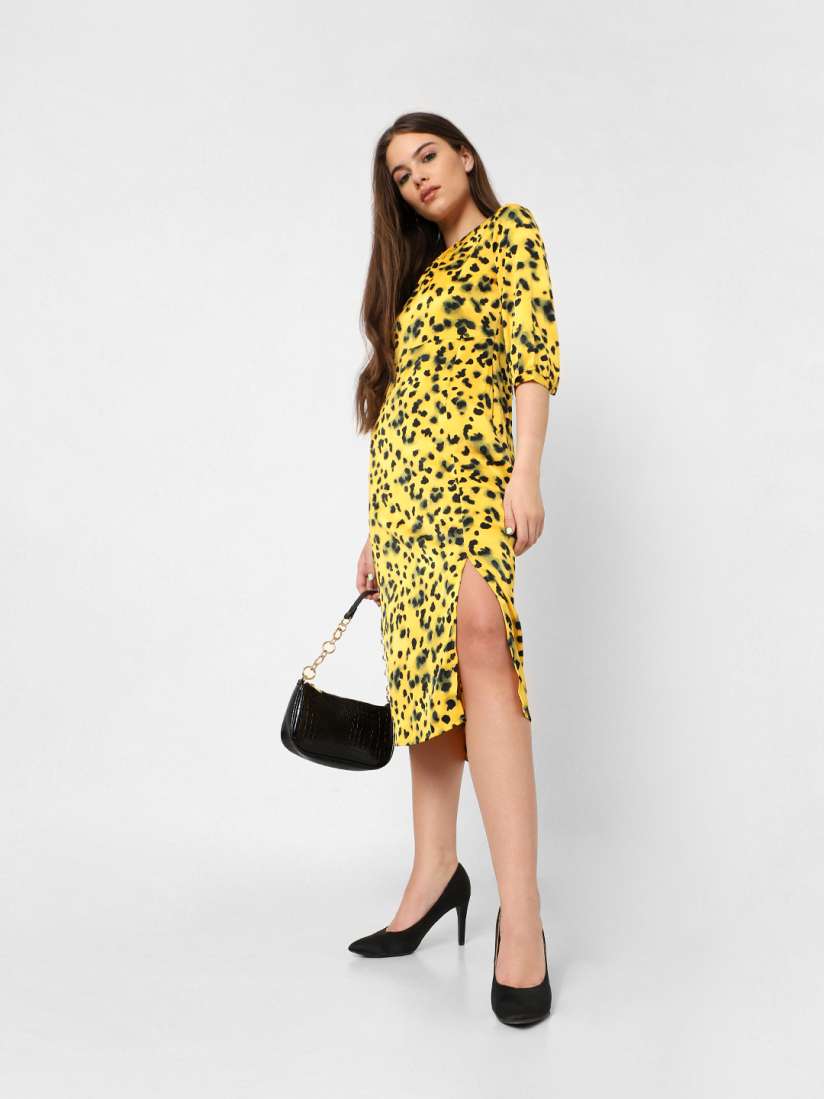 Buy ONLY Yellow Black Animal Midi Dress Dresses for Women 14083364 Myntra
