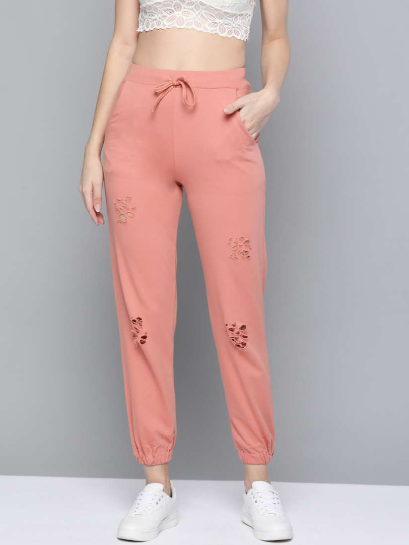 Buy SASSAFRAS Women Peach High Rise Ripped Joggers Track Pants for Women 14087438 Myntra