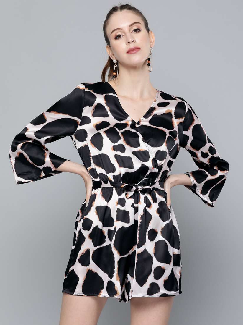 Buy SASSAFRAS Off White Black Animal Print Satin Playsuit Jumpsuit for Women 14087622 Myntra