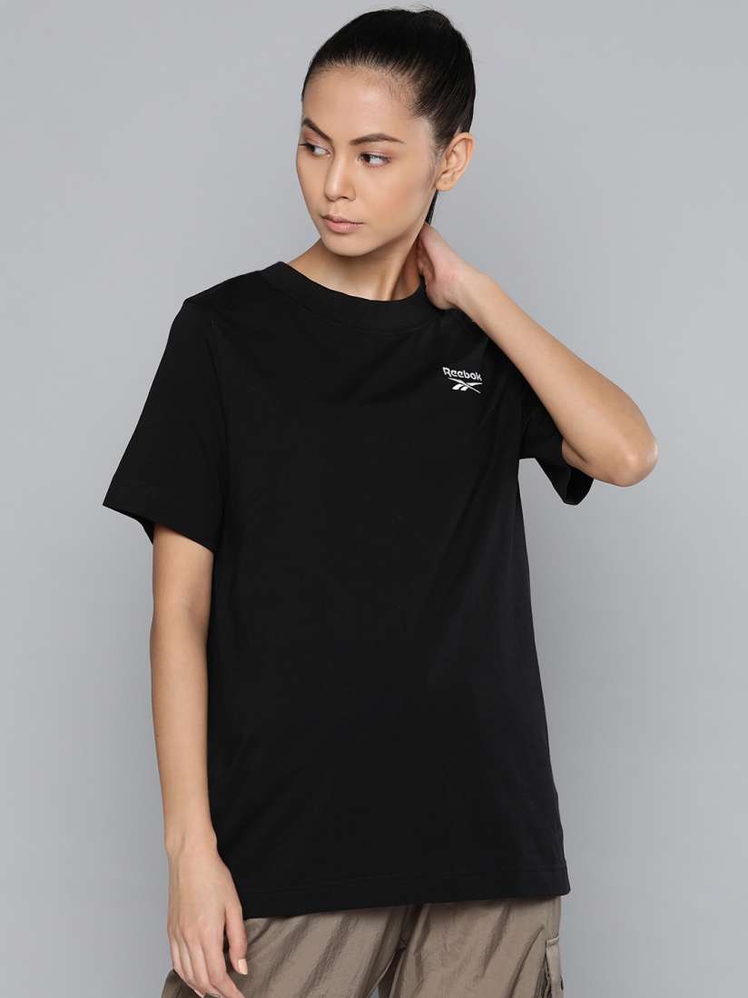 Buy Reebok Women Black Pure Cotton Printed Training or Gym Pure Cotton T shirt Tshirts for Women 14089600 Myntra