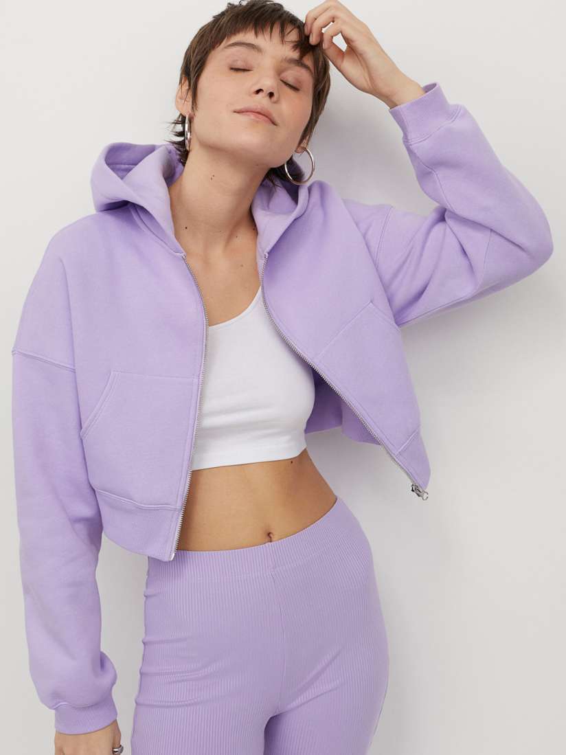 Buy H M Women Lavender Cropped Zip Through Hoodie Sweatshirts for Women 14094708 Myntra