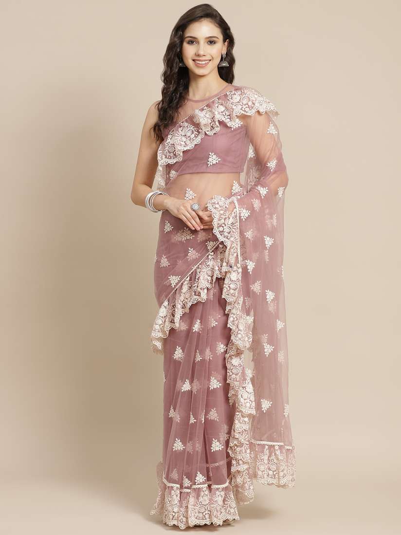 Buy Inddus Mauve and White Embroidered Ruffled Saree Sarees for Women 14171786 Myntra
