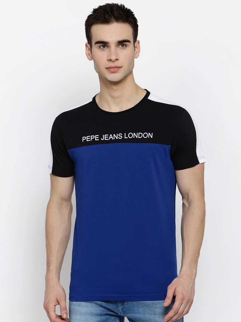 Buy Pepe Jeans Men Blue Black Colourblocked Round Neck Pure Cotton T shirt Tshirts for Men 14171954 Myntra